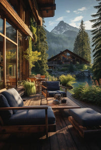 Serene Mountain Retreat Photorealistic Travel Poster