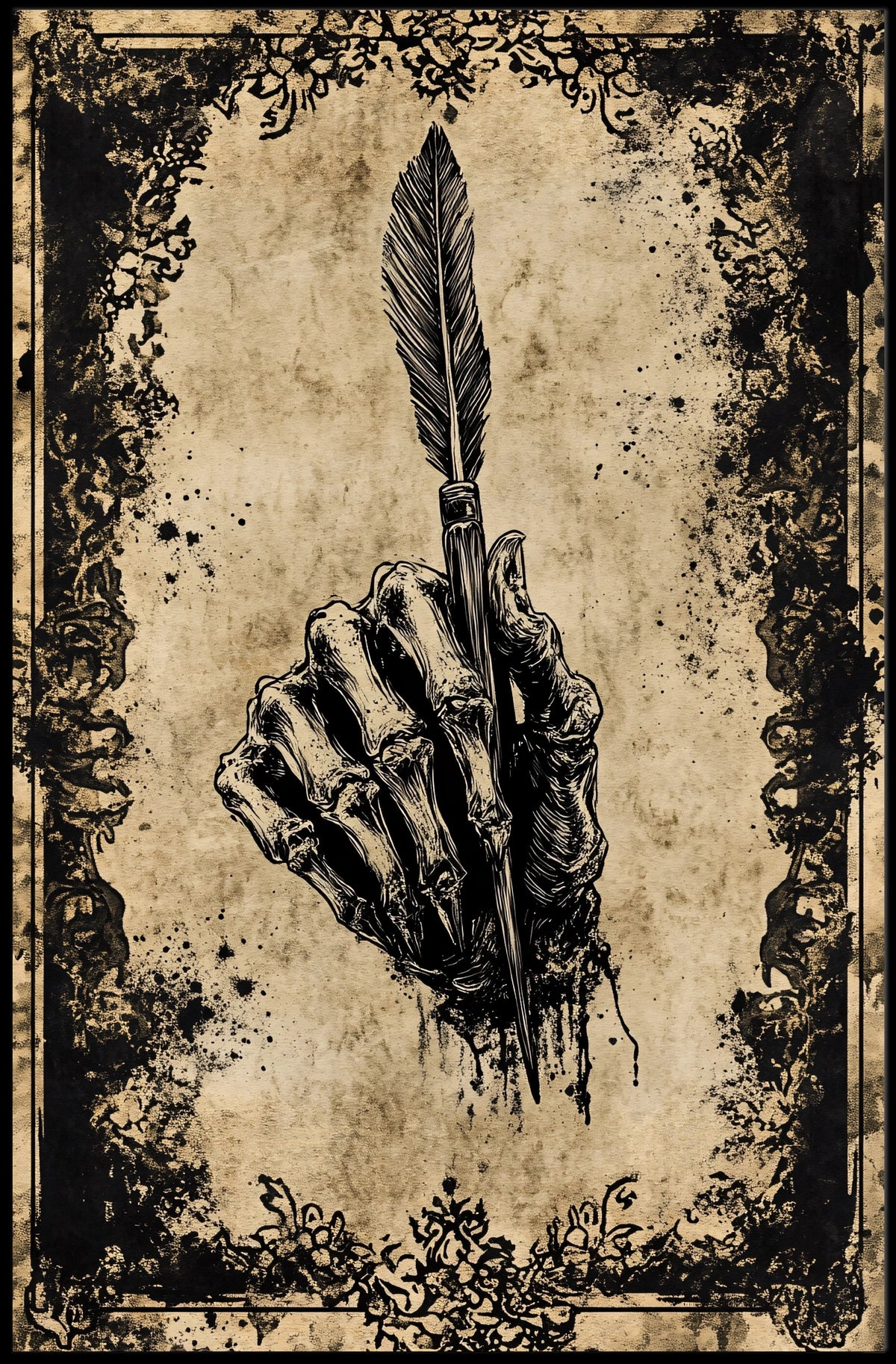 The poster features a skeletal hand gripping a quill pen, creating a strong Travel Poster
