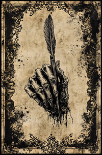 The poster features a skeletal hand gripping a quill pen, creating a strong Travel Poster