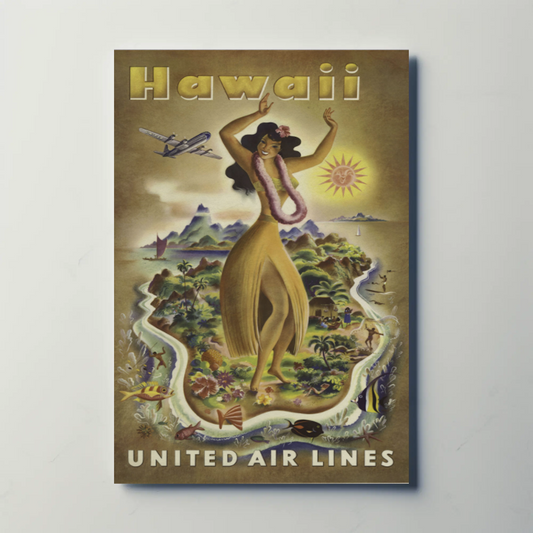 Hawaii Airlines Hula Girl Island Map Poster