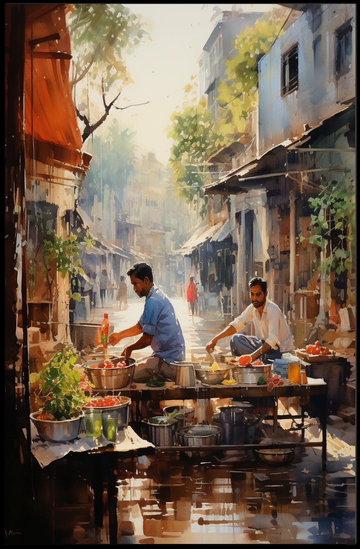 Vibrant Street Market Scene in Urban Locale Cultural Poster