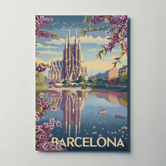 Barcelona Spain Blossoms and Cathedral Travel Poster