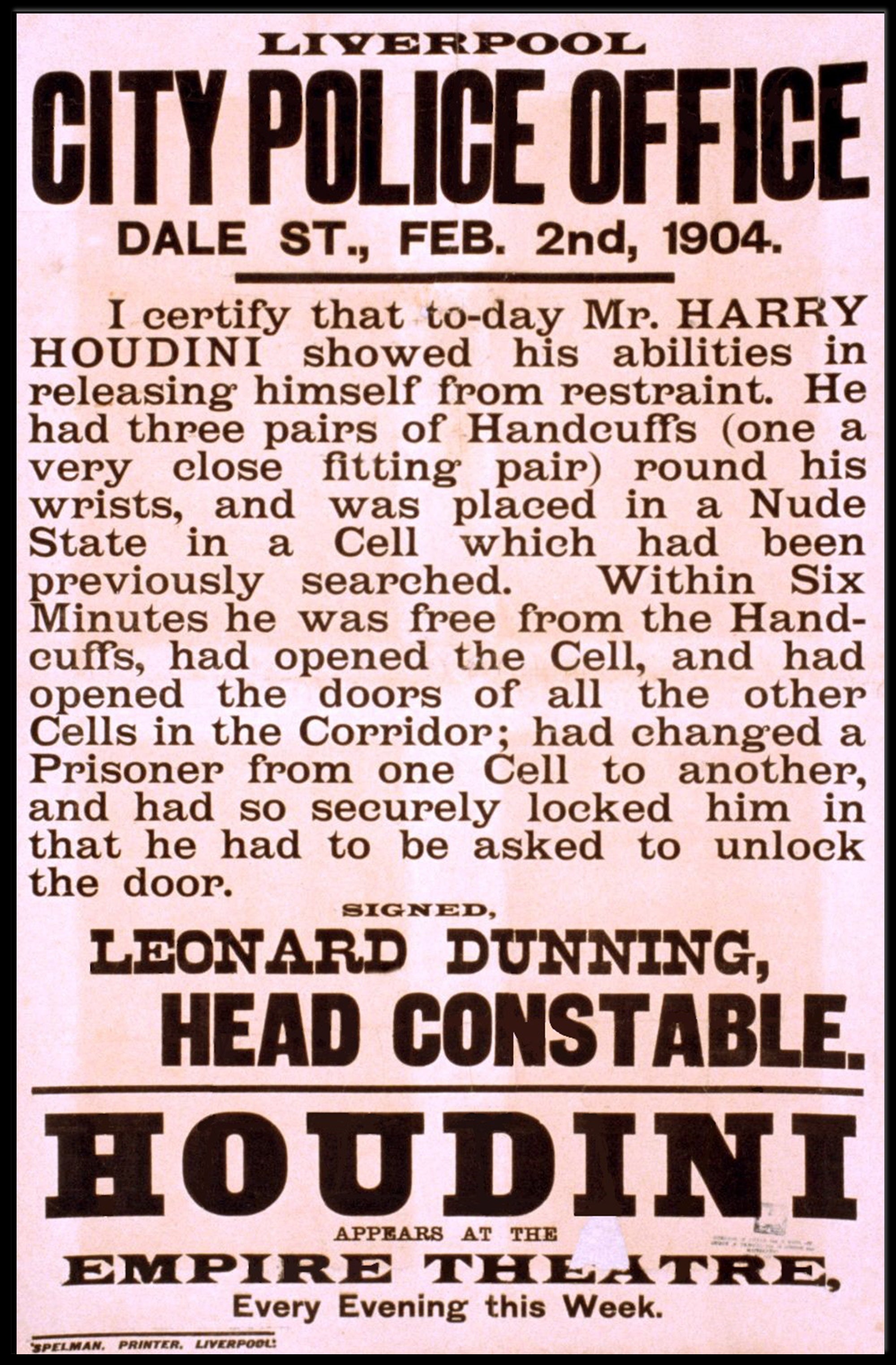 Harry Houdini 1904 Empire Theatre Cultural Heritage Poster