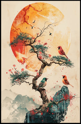 Serene Bonsai Tree with Vibrant Birds Poster PosterGoat