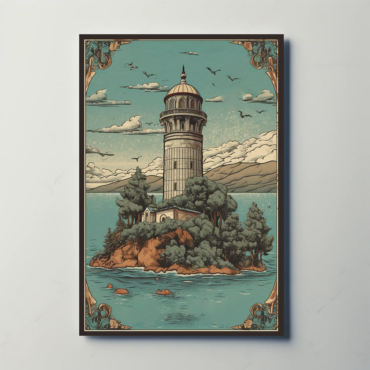 Lighthouse Island Retreat Vintage Travel Poster