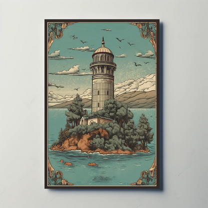 Lighthouse Island Retreat Vintage Travel Poster