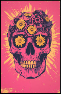 Pink Skull Surreal Flowers Gears Poster