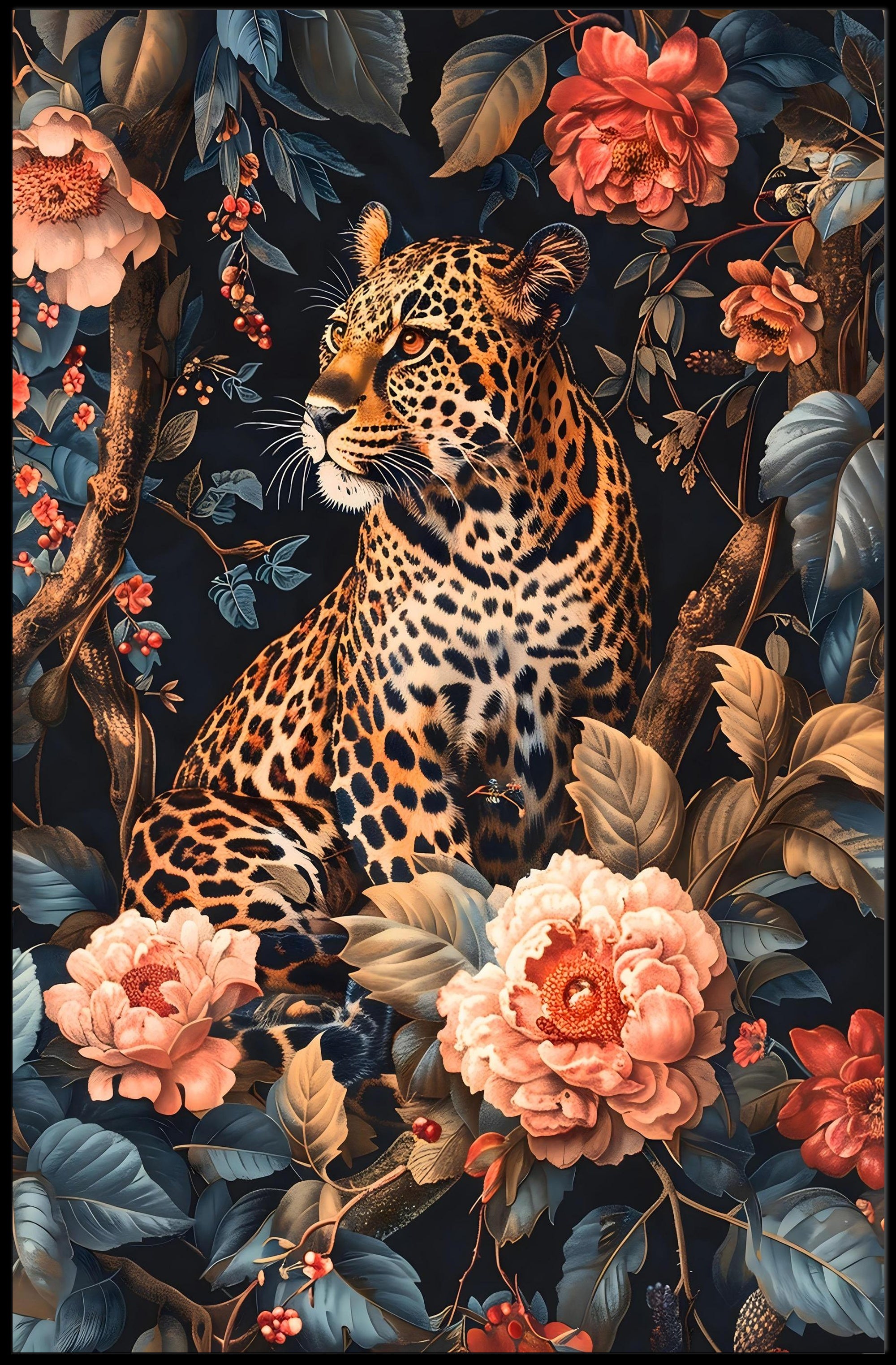 Majestic Leopard Floral Wall Art Print