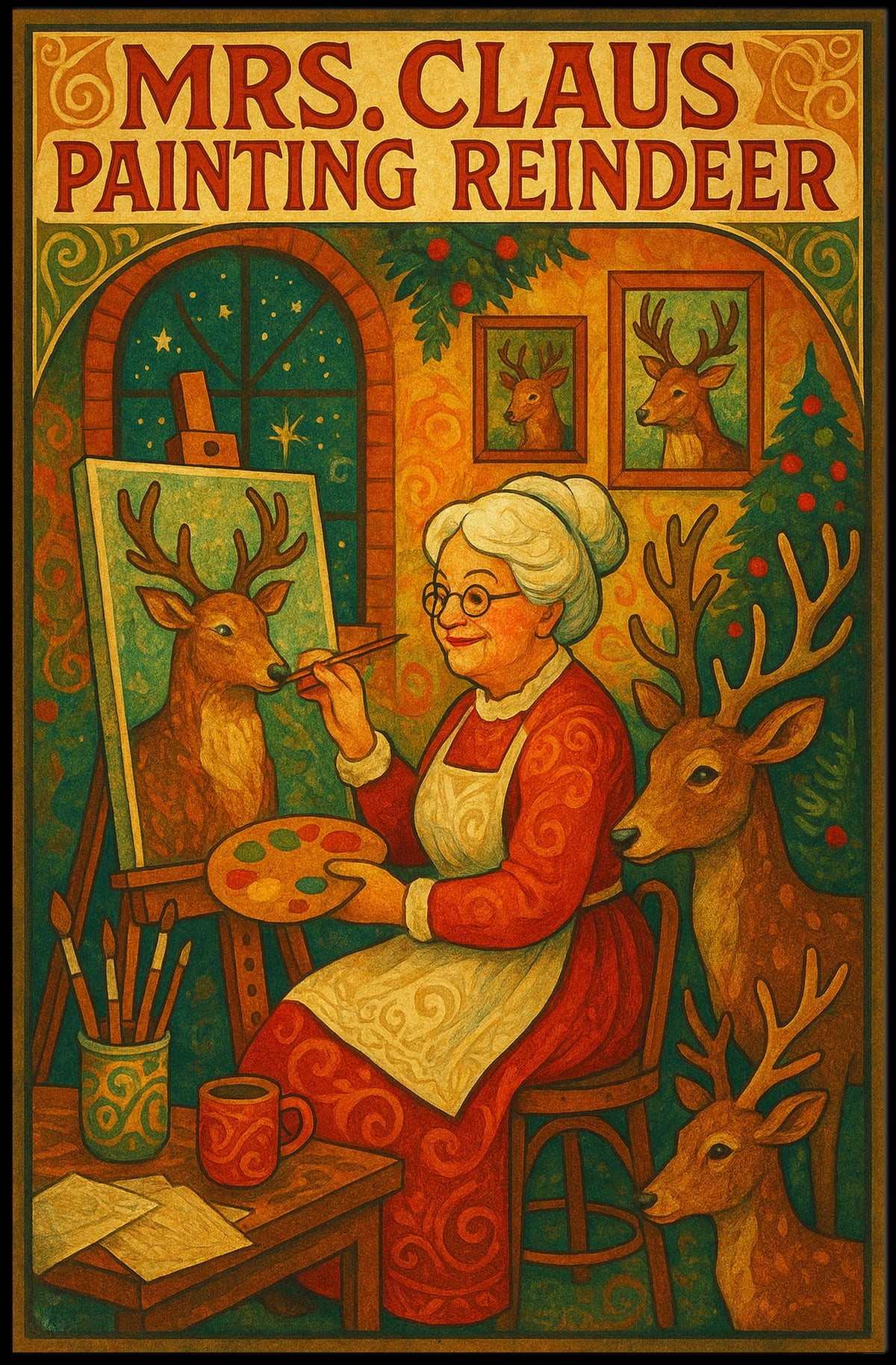 Mrs. Claus Painting Reindeer Poster