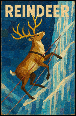 Reindeer Adventure on Icy Cliff Animal Poster