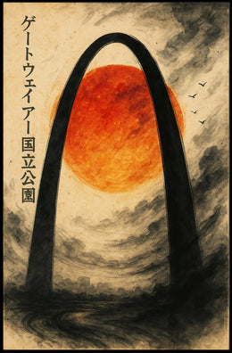 Stylized Arch and Red Sun Vintage Artistic Japanese Poster