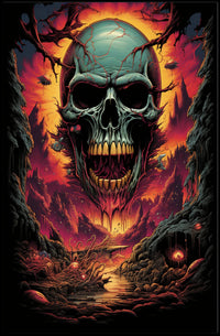 Eerie Skull Over Fiery Alien Landscape Poster
