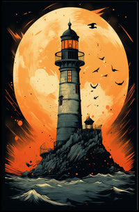 Lighthouse Under The Moon Poster PosterGoat