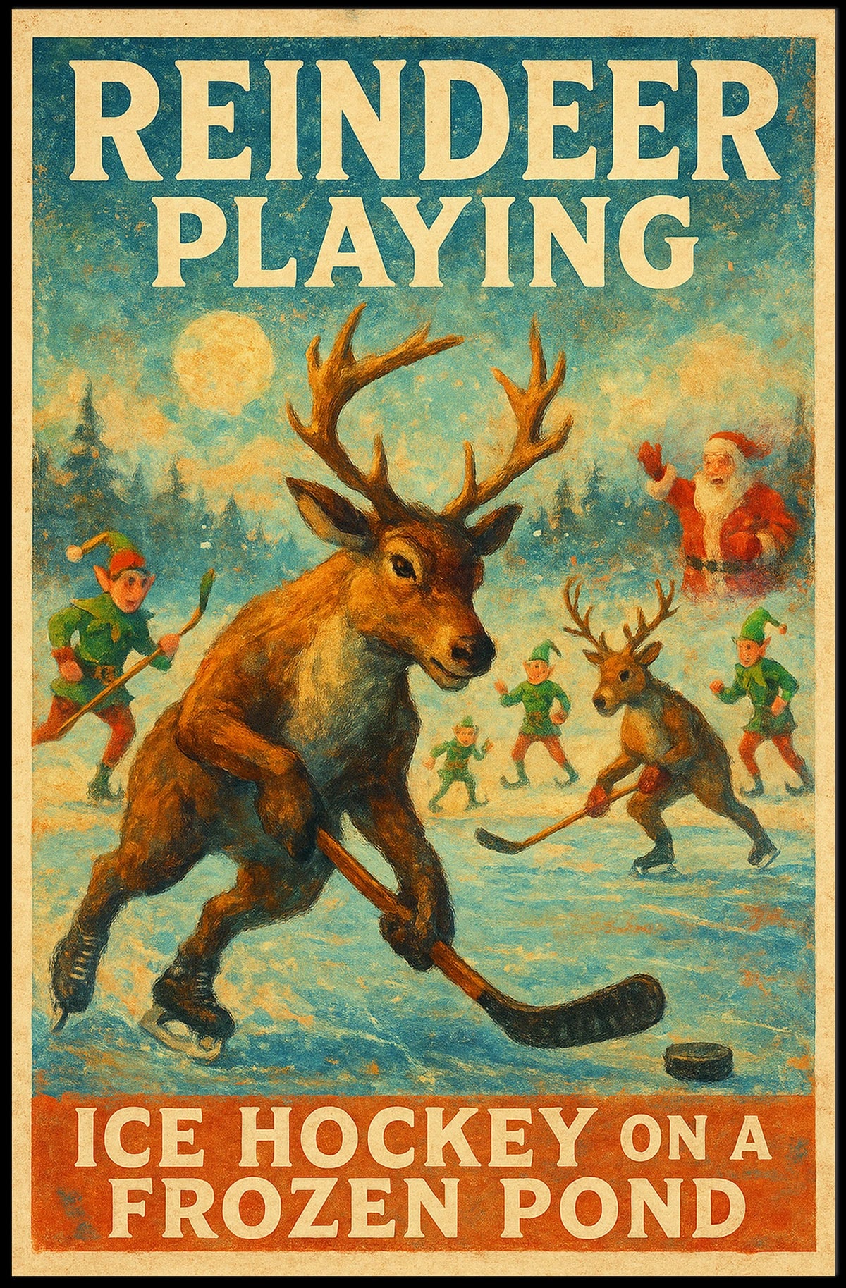 Festive Reindeer Ice Hockey Vintage Fantasy or Mythology Poster