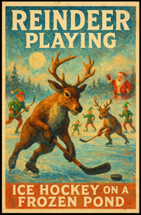 Festive Reindeer Ice Hockey Vintage Fantasy or Mythology Poster