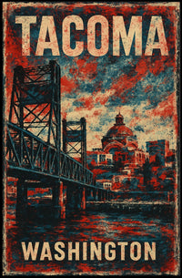 Tacoma Washington Skyline Harbor View Photography Realism Watercolor Timeless Coastal Urban Cityscape Poster