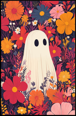 Ghostly Figure Amidst Flowers Whimsical Playful Poster