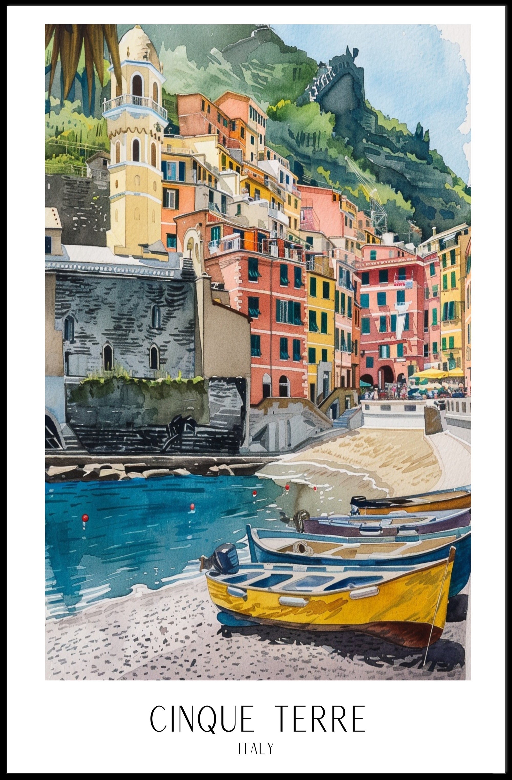 Cinque Terre Watercolor Coastal Scene Travel Poster PosterGoat