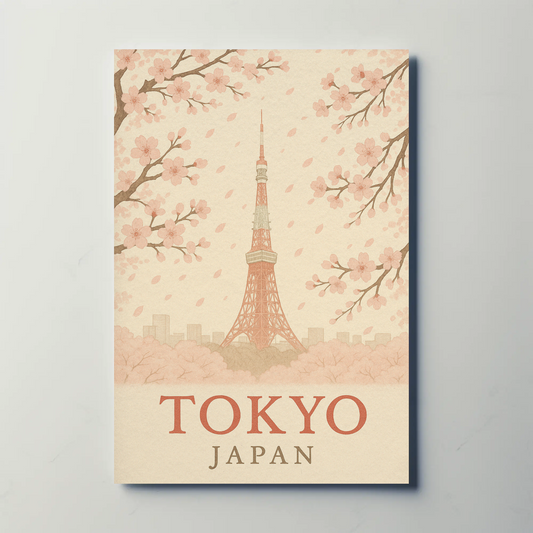 Tokyo Japan Cherry Blossoms Tower Springtime Travel Poster