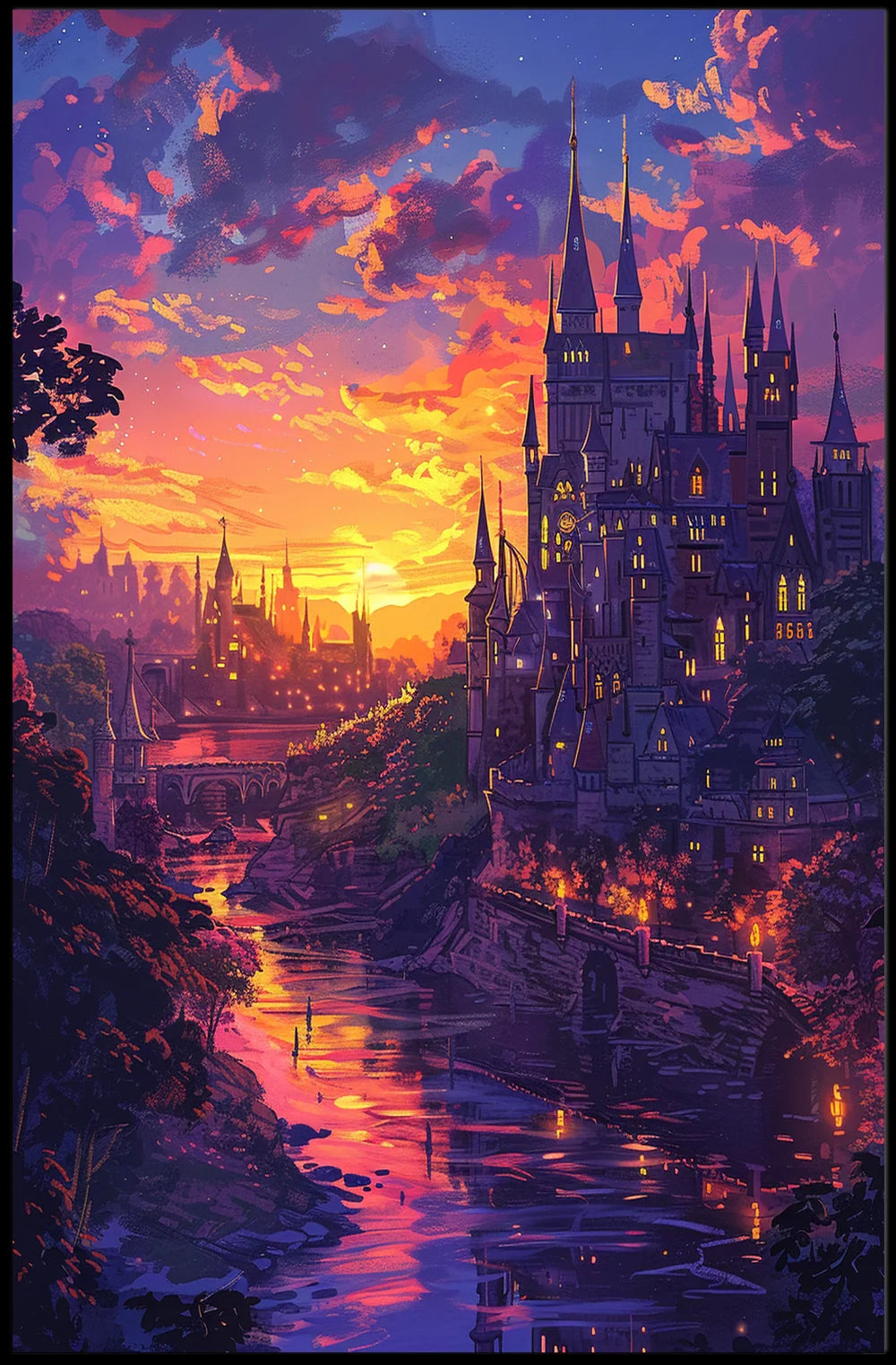 Enchanted Castle Fantasy Sunset Art Poster