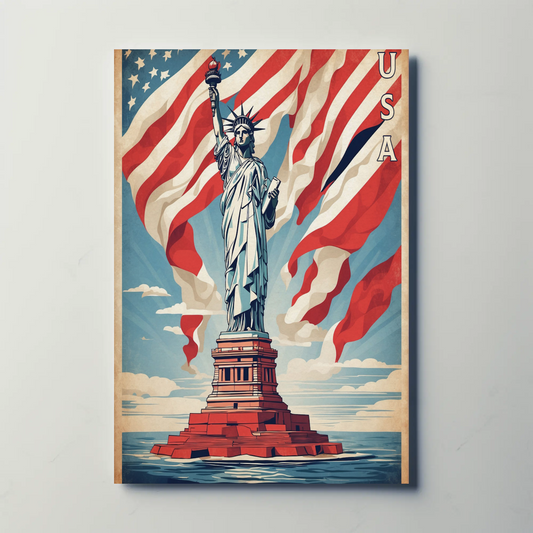 Liberty Statue American Flag Waves Vintage Travel Poster