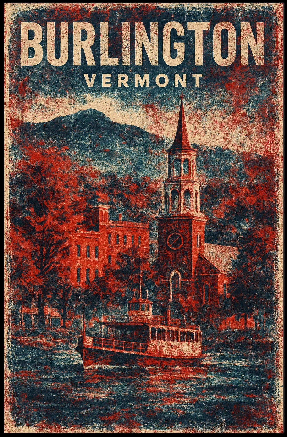 Burlington Vermont Cityscape Watercolor Wanderlust Poster