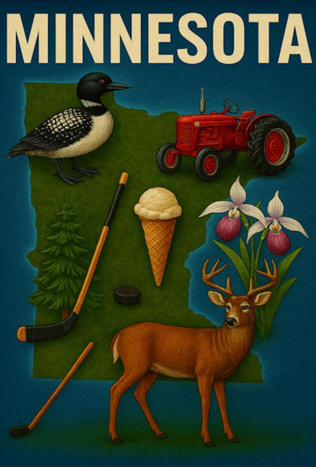 Minnesota Wildlife Symbols Icon Map Vintage Travel Poster