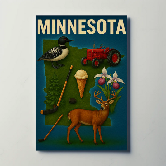 Minnesota Wildlife Symbols Icon Map Vintage Travel Poster