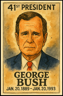 George H. W. Bush 41st President of the United States Exaggerated Cartoon Sketch Poster