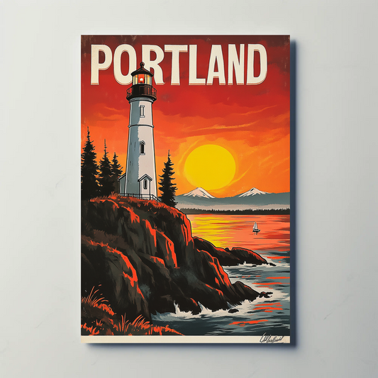 Portland Vintage Poster - Lighthouse at Sunset