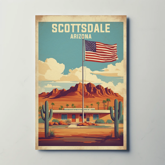 Scottsdale Arizona Desert Flag Cactus Vintage Travel Poster