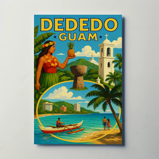 Dededo Guam Island Culture Mountains Canoe Travel Poster