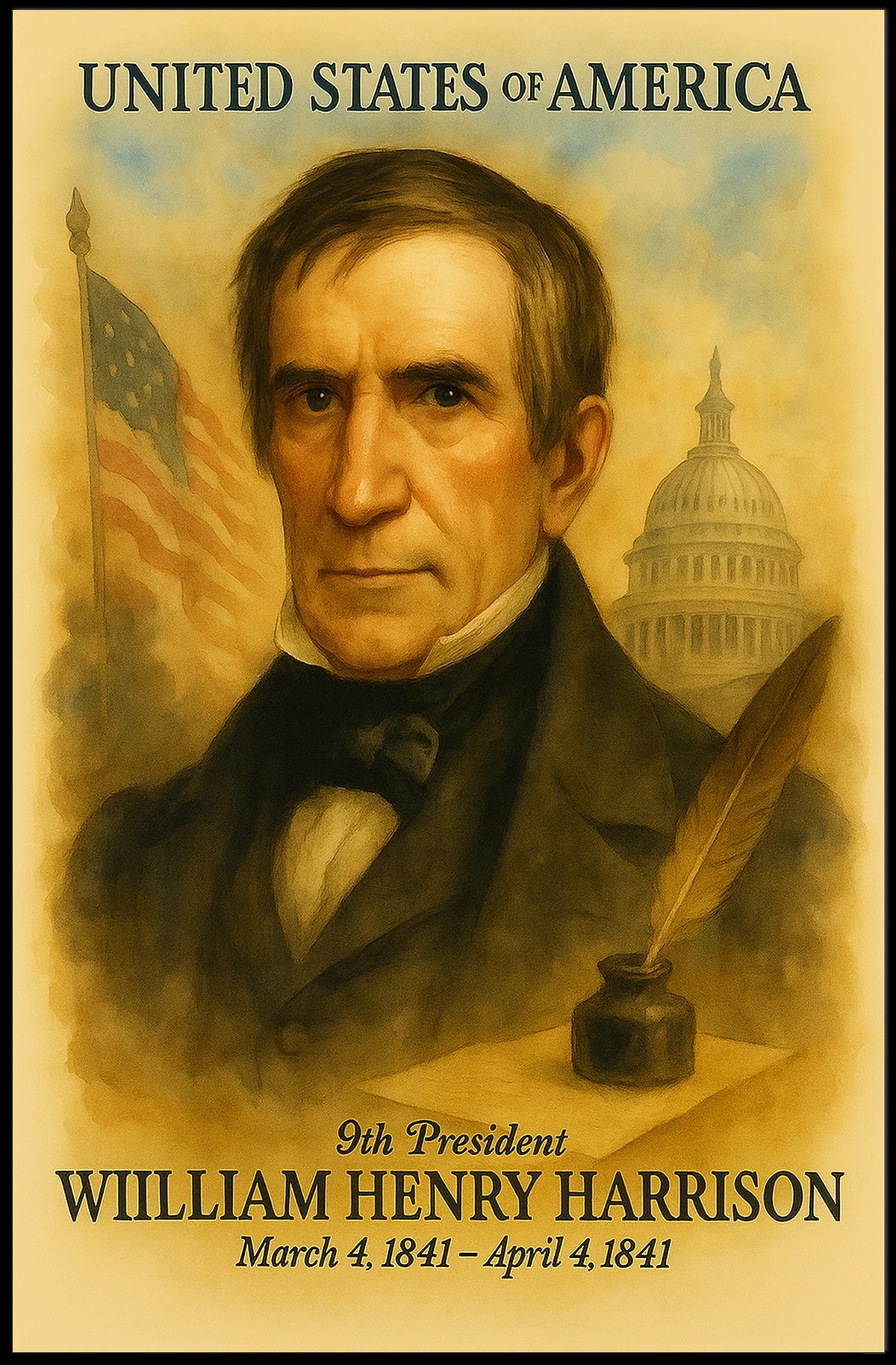 William Henry Harrison 9th President of the United States Vintage Watercolor Poster