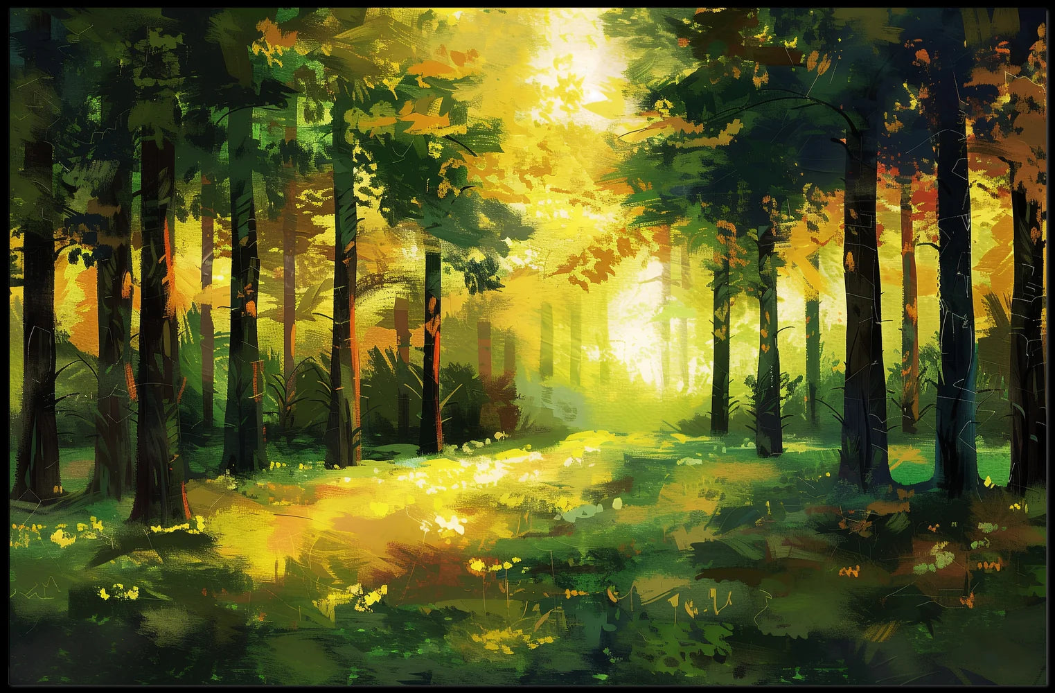 Golden Sunlit Forest: Impressionist Autumn Landscape Poster