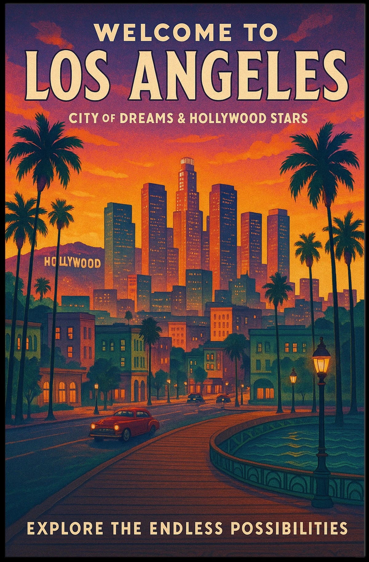 Los Angeles Skyline Retro Travel Poster Art Print