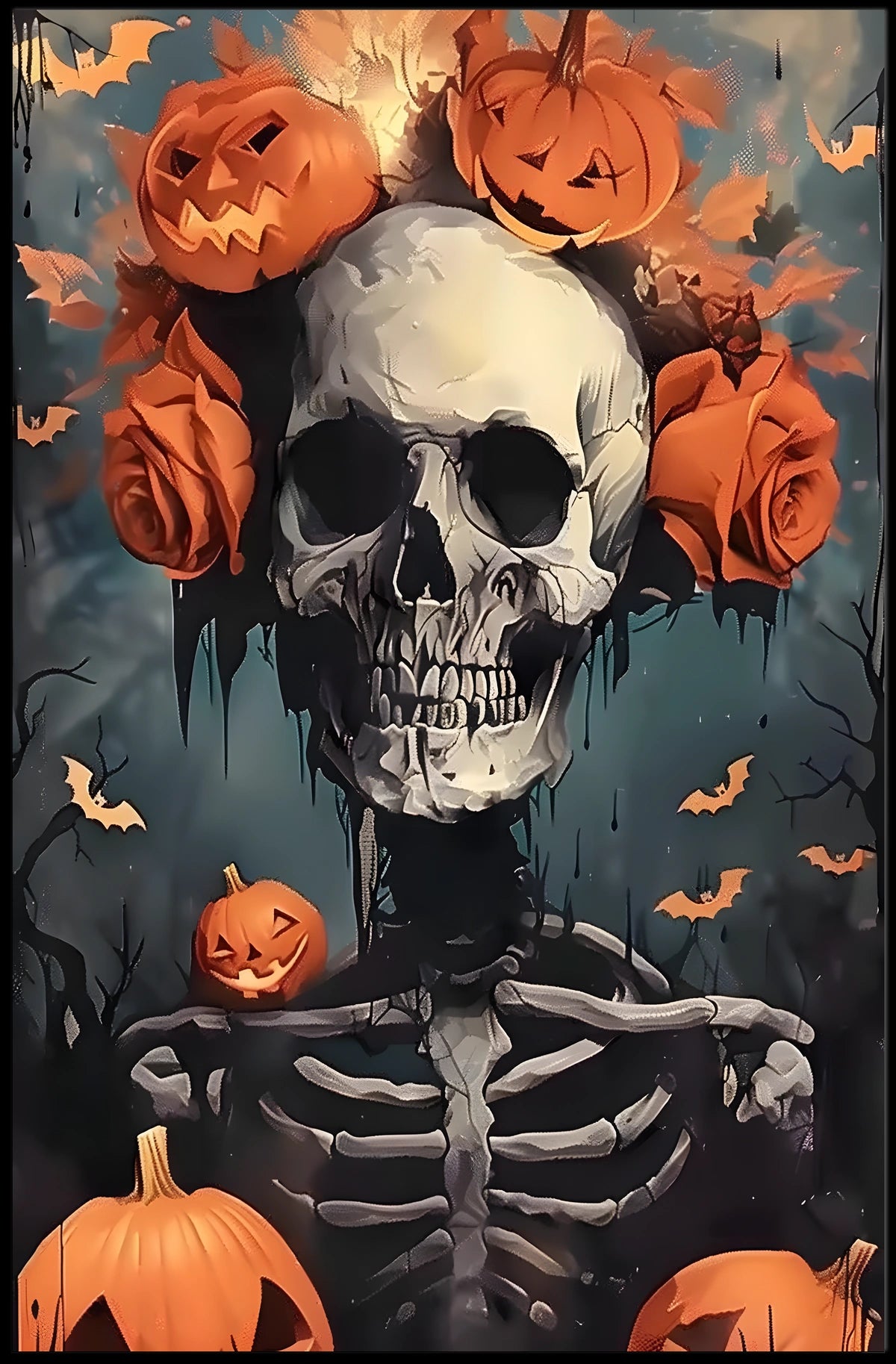 Halloween Skeleton with Pumpkins Poster