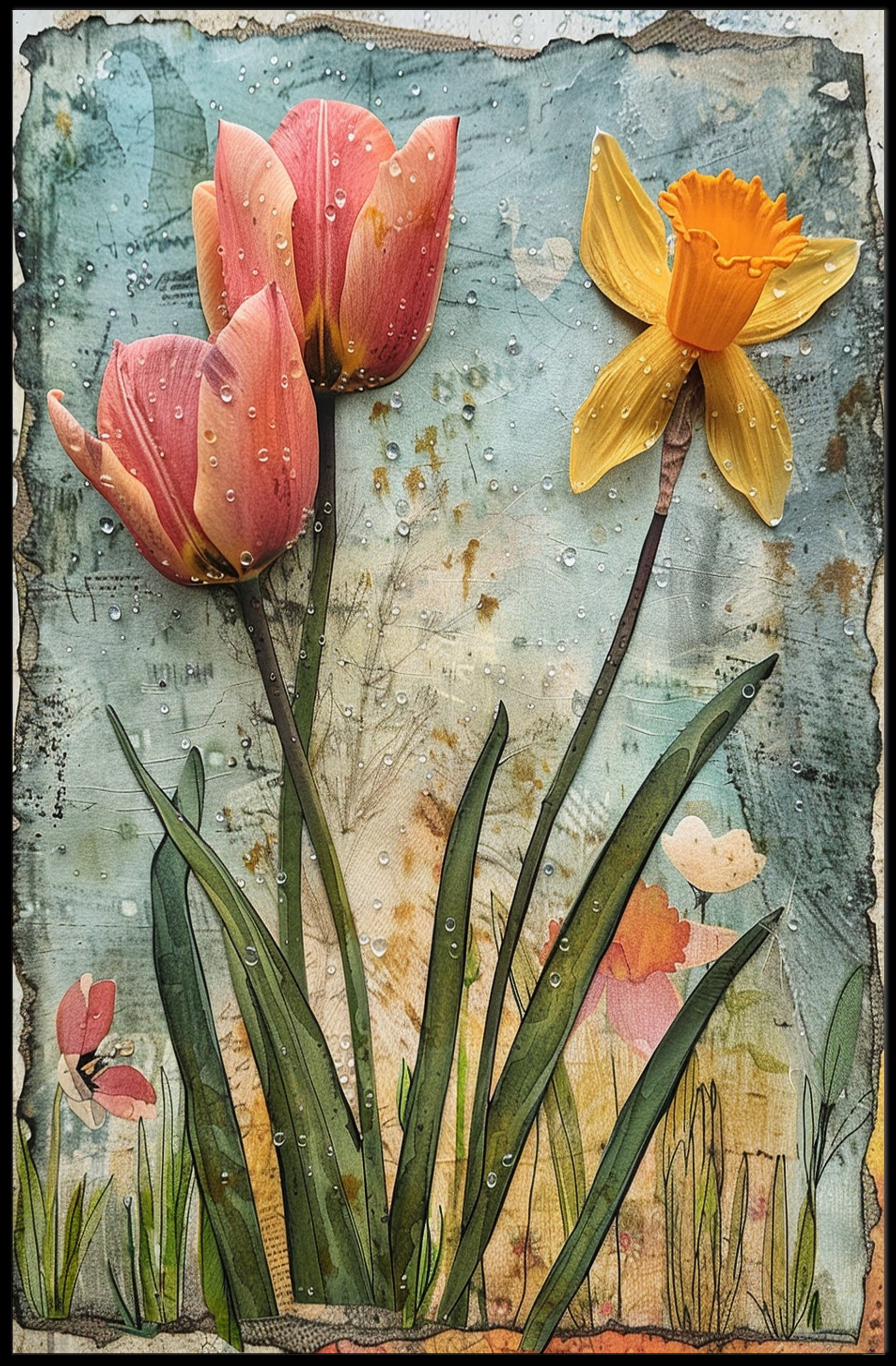 Blooming Springtime Tulips and Daffodils Abstract Artistic Poster PosterGoat