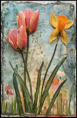 Blooming Springtime Tulips and Daffodils Abstract Artistic Poster PosterGoat