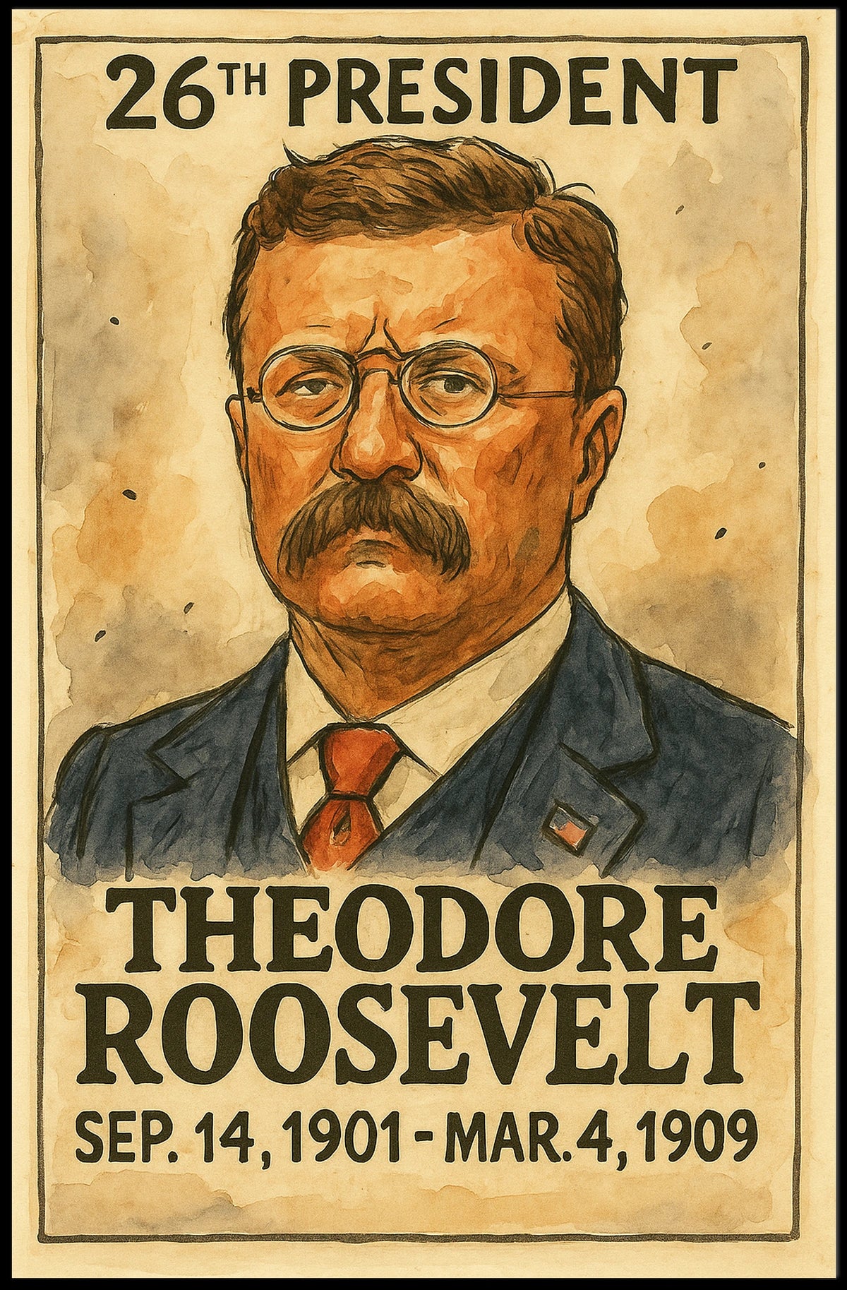 Theodore Roosevelt 26th President of the United States Exaggerated Cartoon Sketch Poster