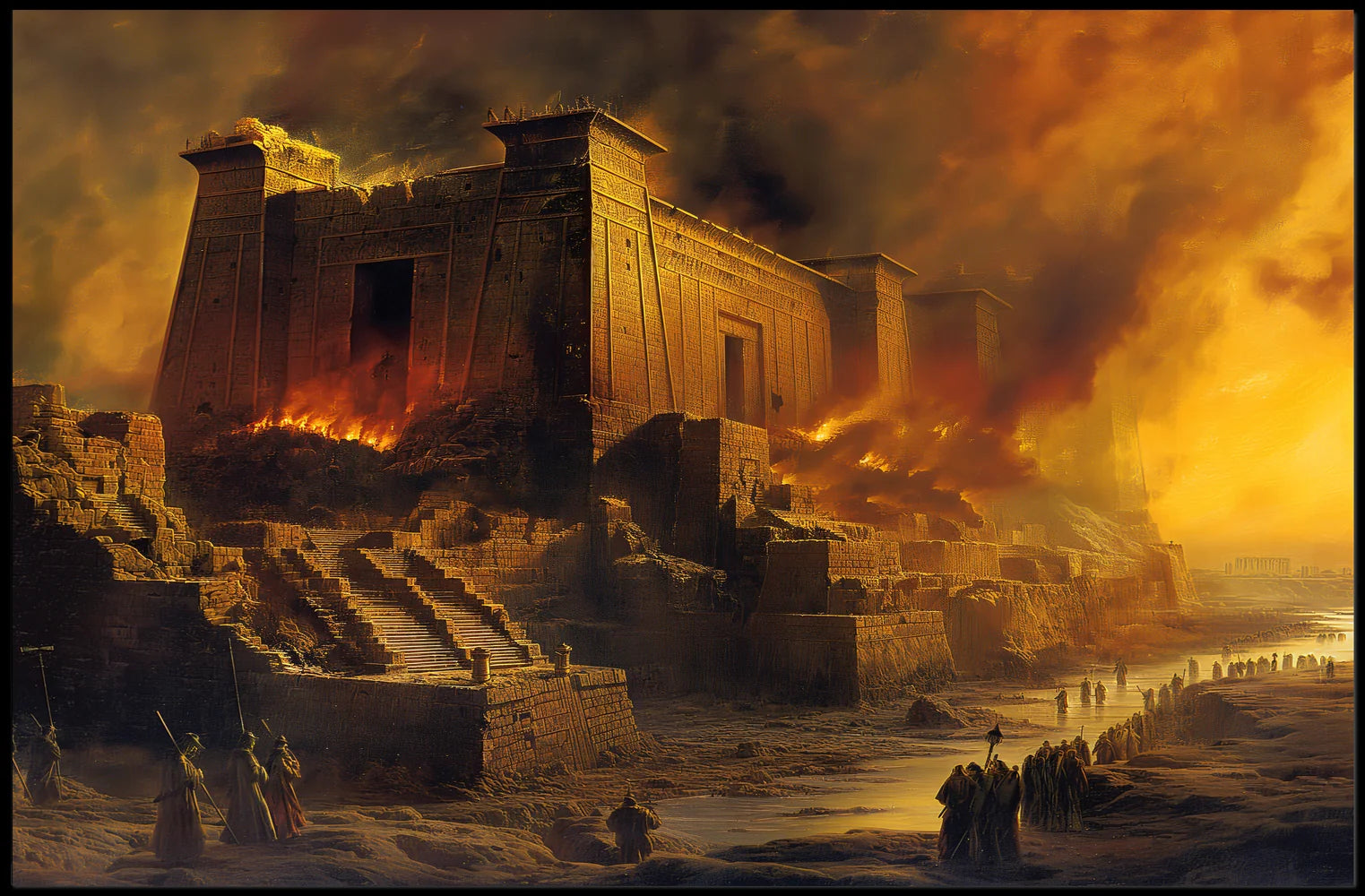 Ancient Temple Ablaze: Mythical Destruction Art Poster