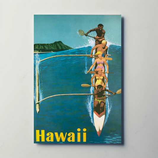 Hawaii Canoe Paddling Vintage Travel Poster Scene
