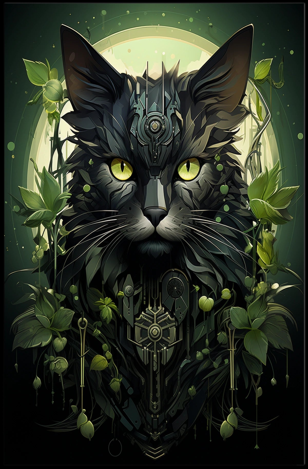 The poster presents a striking, modern depiction of a cat with an elaborate, Travel Poster