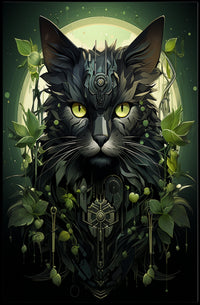 The poster presents a striking, modern depiction of a cat with an elaborate, Travel Poster
