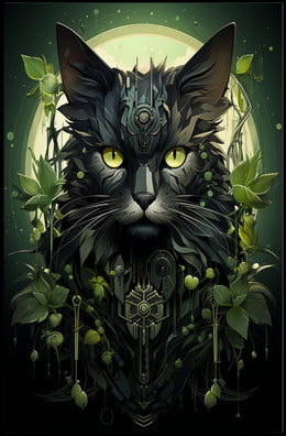 The poster presents a striking, modern depiction of a cat with an elaborate, Travel Poster