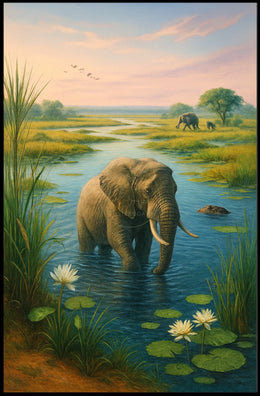 Majestic Elephant Bathing in African Savanna Animal Poster