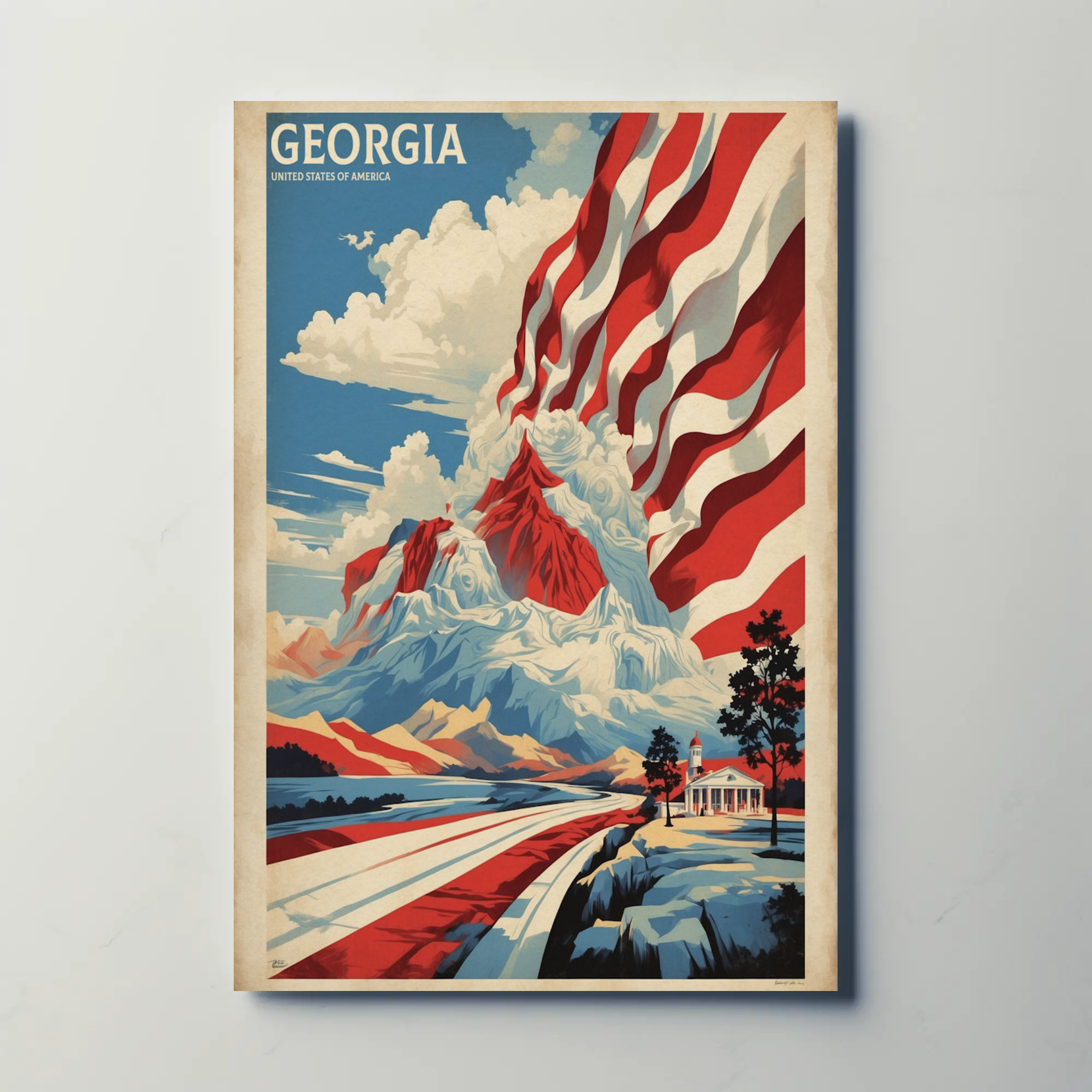 Georgia Mountain Flag Landscape Vintage Travel Poster