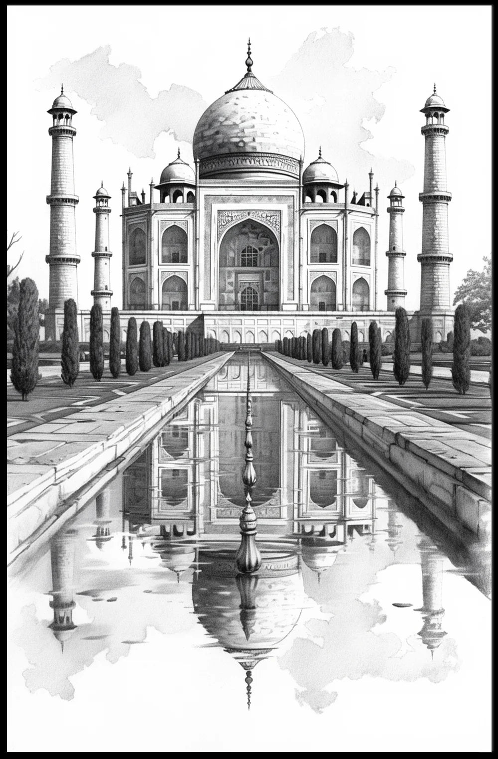 Taj Mahal Black and White Sketch Poster Art
