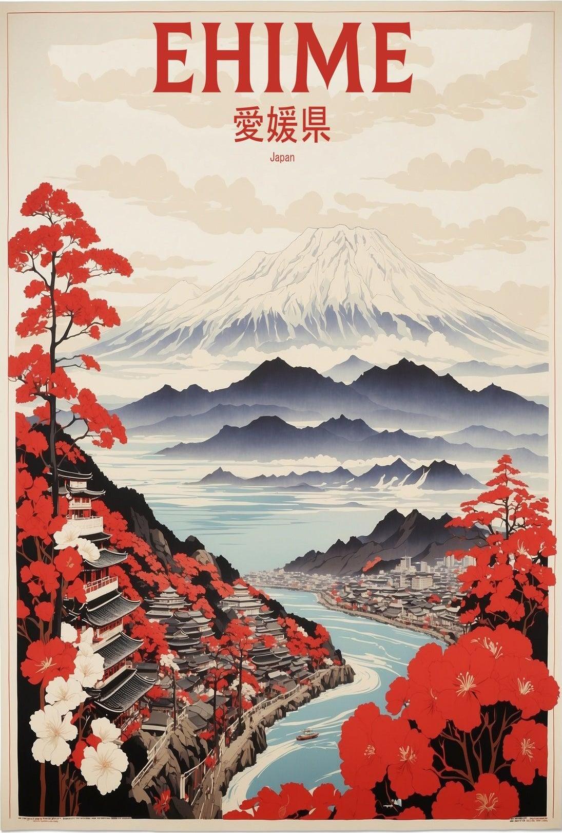Stylized Traditional Ehime Japan Landscape Art Travel Poster
