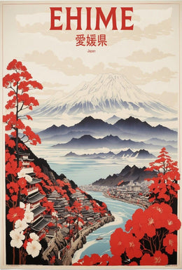Stylized Traditional Ehime Japan Landscape Art Travel Poster