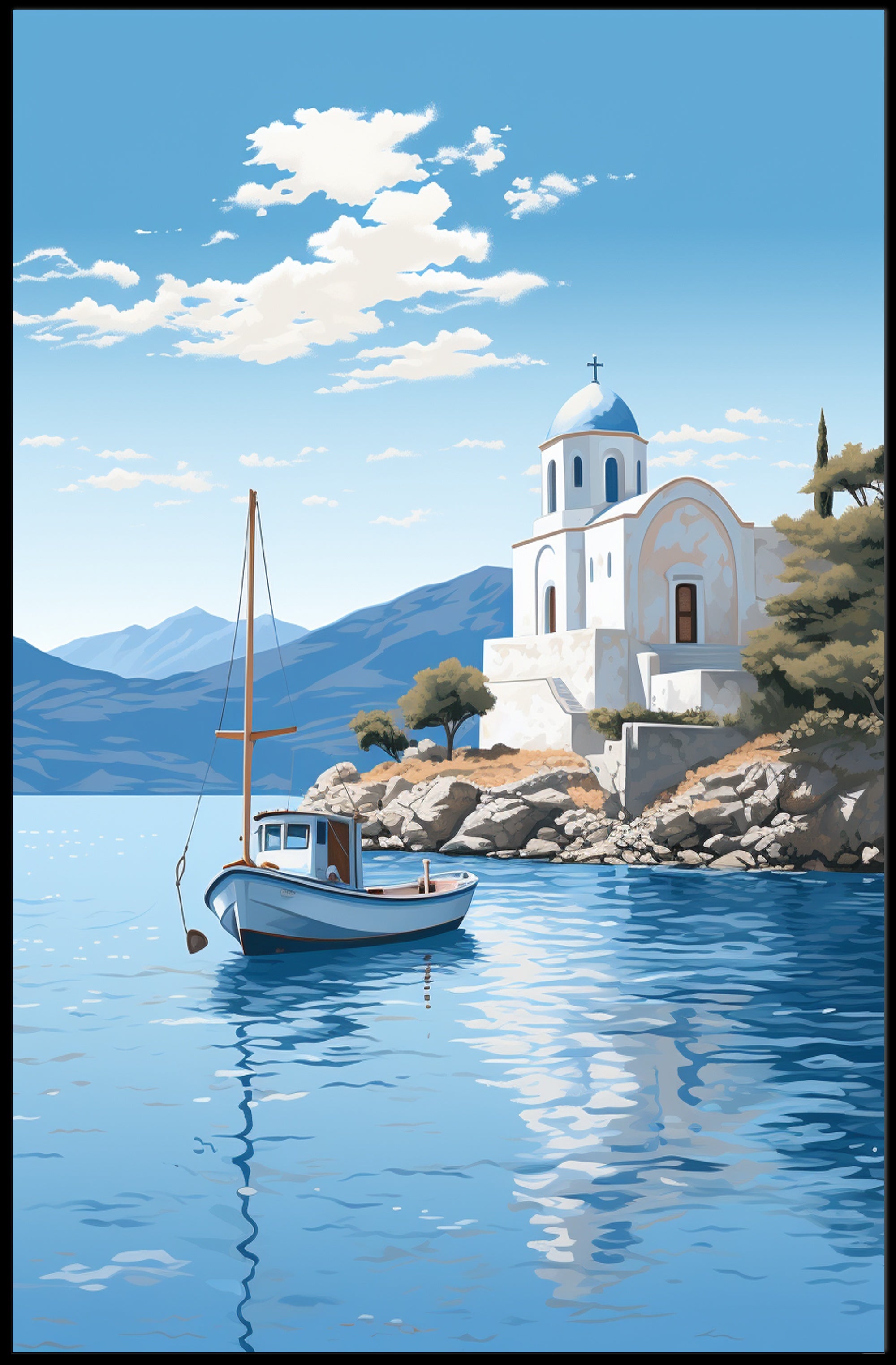 Mediterranean Coastal Serenity Greece Illustration - Travel Poster